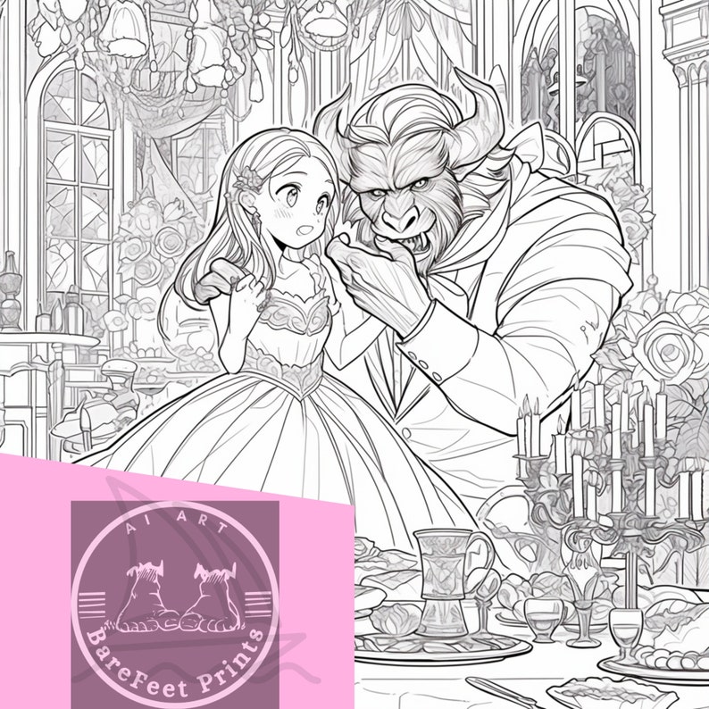 May include: A black and white line art illustration of a woman in a ball gown and a beast in a suit. The woman is holding a rose and the beast is holding her hand. The scene is set in a grand ballroom with a chandelier and candles.