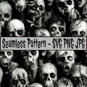 Puede incluir: Un patrón sin costuras que presenta un primer plano de muchas caras de zombis en blanco y negro. El patrón es perfecto para crear decoraciones de Halloween espeluznantes, ropa o decoración del hogar.