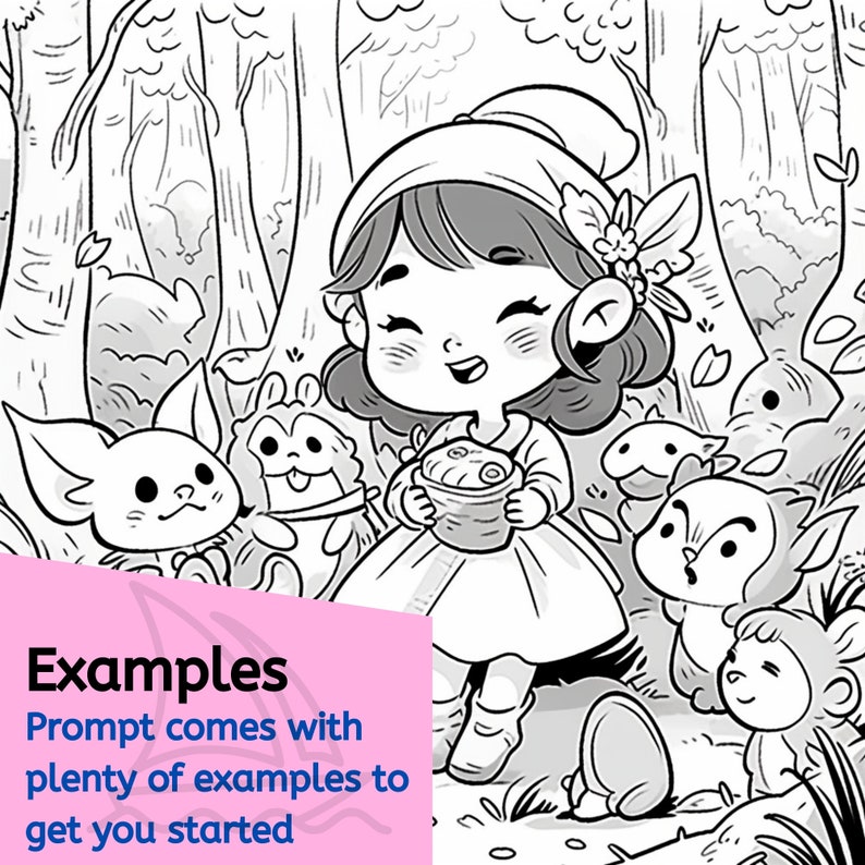 May include: A black and white illustration of a girl with a basket of mushrooms in a forest. She is surrounded by various animals, including a cat, a squirrel, and a rabbit.