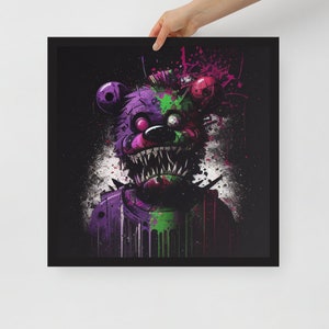May include: A purple and green bear with a menacing grin and splattered paint. The bear's eyes are white and the background is black.