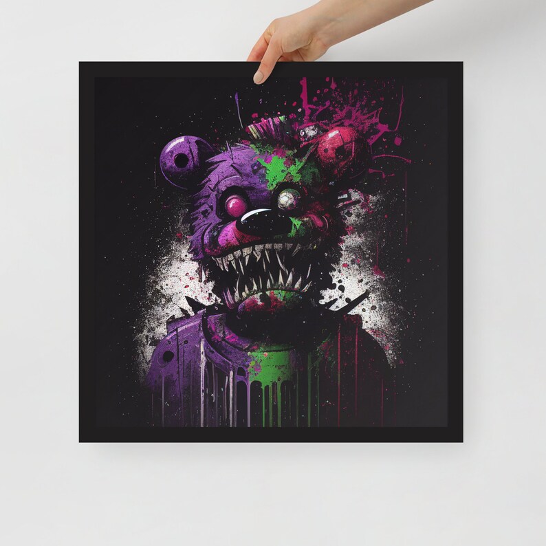 May include: A purple and green bear with a menacing grin and splattered paint. The bear's eyes are white and the background is black.