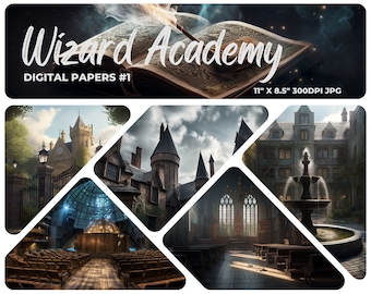 Wizard academy digital paper, magic school background, wizard world scrapbook, old castle journal, AI digital art, steam train, magic shop