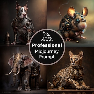 Könnte beinhalten: Eine Collage aus vier Bildern, die verschiedene Tiere in steampunk-inspirierten Rüstungen zeigen. Ein Hund, eine Maus, ein Elefant und eine Katze sind alle mit filigranen Metalldetails und Zahnrädern dargestellt.