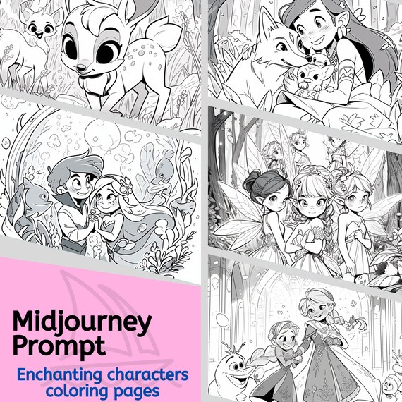 Midjourney prompt, Enchanting characters kids coloring pages, professional digital Ai generated art,  book illustrations, Instant download