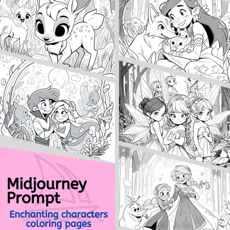 May include: Black and white coloring pages featuring a variety of enchanting characters, including a deer, a wolf, fairies, mermaids, and princesses.  These pages are perfect for kids and adults who enjoy coloring.
