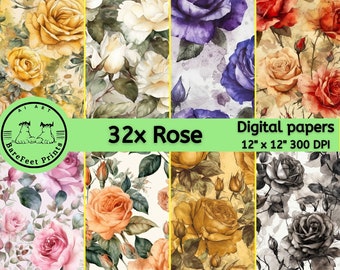 Rose flora Seamless Pattern Pack, 32 Unique Designs in High Resolution 12x12" 300 DPI JPG Ideal for POD Commercial Use & Personal Projects.