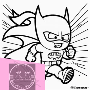 May include: Black and white line art illustration of a superhero running. The superhero is wearing a cape and a mask. The superhero has a determined expression on their face. The background is a comic book style pattern.