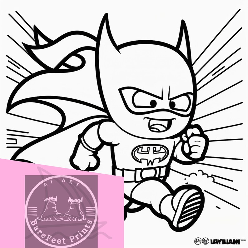 May include: Black and white line art illustration of a superhero running. The superhero is wearing a cape and a mask. The superhero has a determined expression on their face. The background is a comic book style pattern.