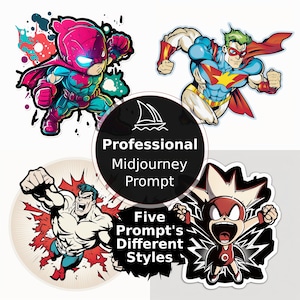Alerta no meio da jornada, adesivos de personagens de super-heróis 5x estilos de prompt, arte digital profissional gerada por IA, impressão sob demanda, download instantâneo
