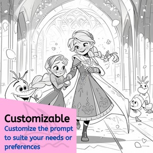 May include: Black and white line art illustration of two girls, one with long hair and a dress, the other with short hair and a dress, walking together. A snowman character is in the background.