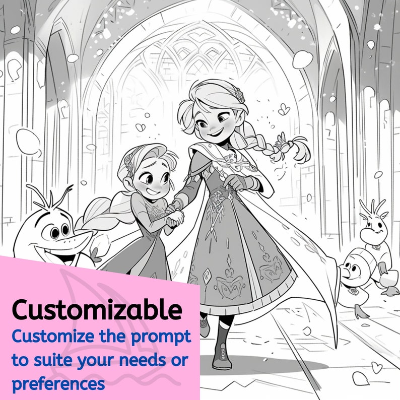 May include: Black and white line art illustration of two girls, one with long hair and a dress, the other with short hair and a dress, walking together. A snowman character is in the background.