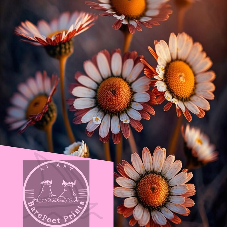 Puede incluir: Primer plano de margaritas blancas y rojas con centros naranjas. Las flores est&aacute;n enfocadas, mientras que el fondo est&aacute; desenfocado. Las flores est&aacute;n creciendo en un campo.