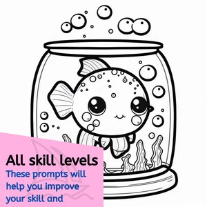 May include: A black and white line drawing of a cartoon fish in a fishbowl. The fish has large eyes and a small mouth. There are bubbles around the fish.