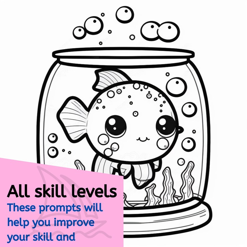 May include: A black and white line drawing of a cartoon fish in a fishbowl. The fish has large eyes and a small mouth. There are bubbles around the fish.