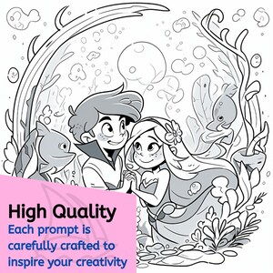 May include: A black and white illustration of a couple in an underwater scene. The man is wearing a shirt and the woman is wearing a dress. They are holding hands and looking at each other. There are bubbles and seaweed in the background.