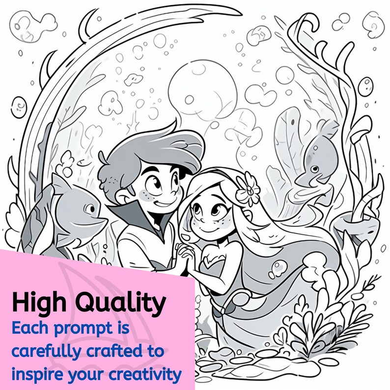 May include: A black and white illustration of a couple in an underwater scene. The man is wearing a shirt and the woman is wearing a dress. They are holding hands and looking at each other. There are bubbles and seaweed in the background.