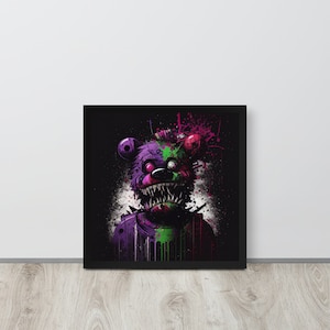 May include: A digital illustration of a purple and green bear with a menacing grin. The bear is covered in splattered paint and has a black background.