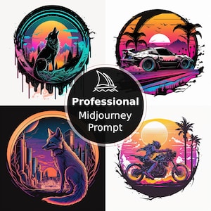 Peut inclure: Quatre illustrations de style rétro avec une palette de couleurs néon. La première image montre un loup hurlant à la lune dans une forêt. La deuxième image montre une voiture roulant sur une route avec des palmiers en arrière-plan. La troisième image montre un renard assis dans une ville avec des gratte-ciel. La quatrième image montre une personne conduisant une moto sur une route avec des palmiers en arrière-plan.