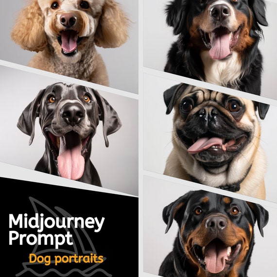 Midjourney prompt, Create Realistic dog portraits, professional digital Ai wall art, book illustration, Poster design, Instant download