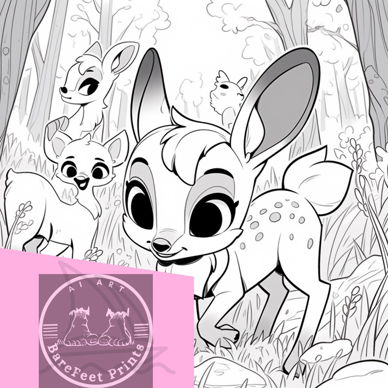 May include: A black and white line drawing of three deer in a forest setting. The deer have large eyes and are drawn in a cartoon style. The deer are surrounded by trees and bushes.