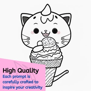 May include: A black and white line drawing of a cute cartoon cat with a unicorn horn eating an ice cream cone. The cat has a happy expression and is holding the ice cream cone with its paws.