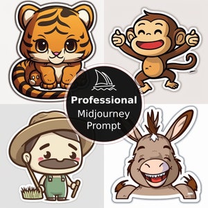 Midjourney prompt, Stickers of cute cartoon character, professional digital Ai generated art, Print on demand, Instant download