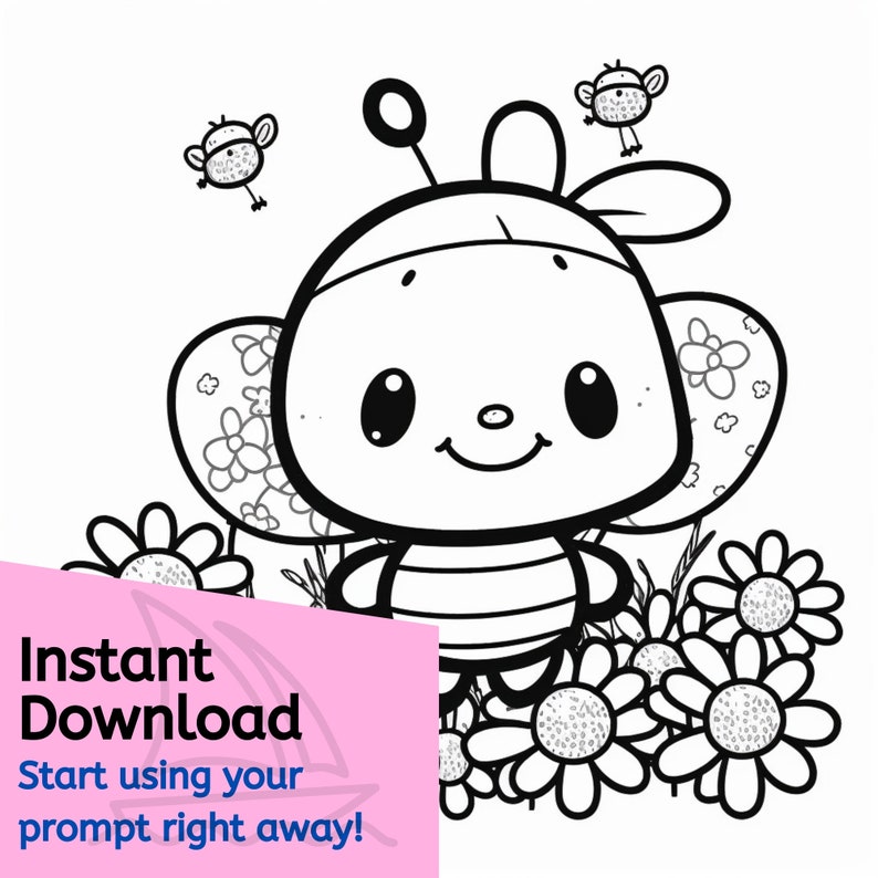May include: A black and white line drawing of a cute cartoon bee with flowers and small birds. The bee has a striped body and a headband. The bee is surrounded by daisies.