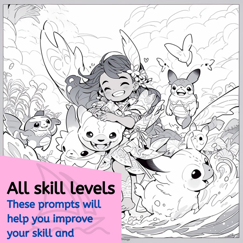 May include: A black and white illustration of a girl with long hair and a flower crown, holding a white furry creature. The girl is surrounded by other furry creatures, including a bird and a butterfly. The illustration is set against a background of clouds and flowers.