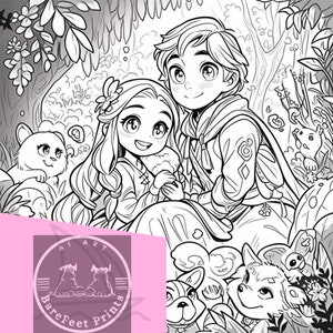 May include: Black and white line art illustration of a young couple sitting together in a forest setting. The couple is surrounded by small animals and plants. The image is a coloring page with the text "AI ART BareFeet Prints" in the lower left corner.