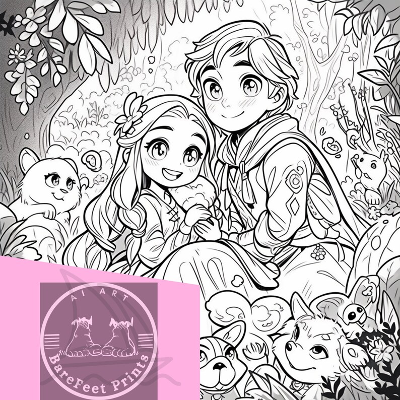 May include: Black and white line art illustration of a young couple sitting together in a forest setting. The couple is surrounded by small animals and plants. The image is a coloring page with the text "AI ART BareFeet Prints" in the lower left corner.