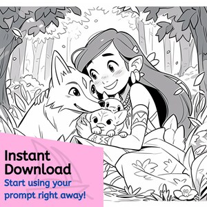 May include: A black and white illustration of a young woman with long hair, wearing a necklace and bracelets, holding a wolf and two small foxes. The woman is smiling and the animals are looking at the viewer.