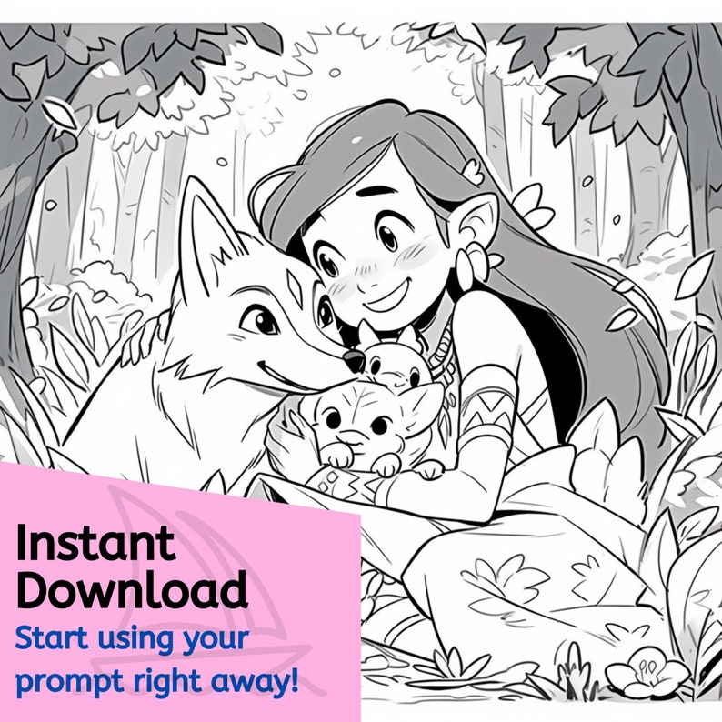 May include: A black and white illustration of a young woman with long hair, wearing a necklace and bracelets, holding a wolf and two small foxes. The woman is smiling and the animals are looking at the viewer.