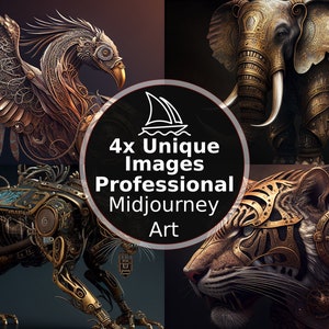 Könnte beinhalten: Vier einzigartige Bilder von Tieren im Steampunk-Stil. Ein goldener Vogel mit filigranen Metallflügeln, ein goldener Elefant mit Metallrüstung, ein goldener Tiger mit Metallrüstung und eine goldene mechanische Kreatur mit einem blauen und silbernen Körper.