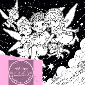May include: Black and white illustration of four children flying through the night sky. The children are fairies with wings and are holding onto each other. There are stars and clouds in the background.