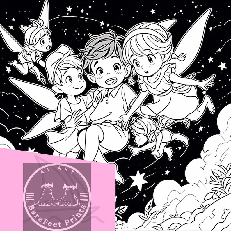 May include: Black and white illustration of four children flying through the night sky. The children are fairies with wings and are holding onto each other. There are stars and clouds in the background.