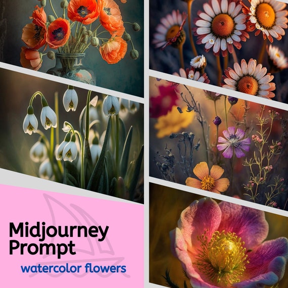 Midjourney prompt, Create colorful vibrant flower designs, professional digital Ai generated art, book illustrations Instant download