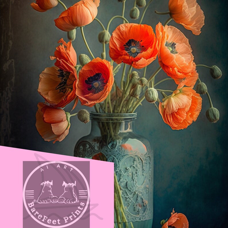 Puede incluir: Un ramo de amapolas naranjas en un jarr&oacute;n con estampado azul y blanco. El jarr&oacute;n est&aacute; sobre un fondo azul oscuro.