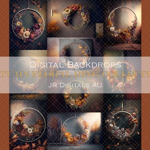 May include: A collection of nine digital backdrops featuring autumn floral wreaths in a hoop. The wreaths are made of dried flowers and leaves in shades of brown, orange, yellow, and white. The backdrops are perfect for photographers and designers who want to create beautiful and unique images.