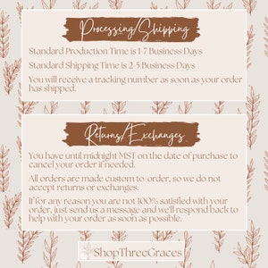May include: Image with text about processing, shipping, and returns. The text includes information about production time, shipping time, tracking numbers, and the return policy. The shop name "ShopThreeGraces" is also visible.