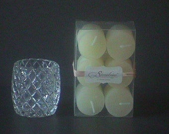 Vintage Diamond Pattern, Cut Glass, Votive Tealight Candle Holders By Avon And Candles - Set Of 4 Holders And Set Of 6 Candles By Stonebriar