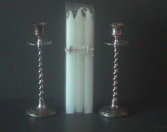 Vintage 9 in. Chrome Plated Brass Twisted Stem Candlesticks + Set Of 6 - 10 in. Stonebriar Candles