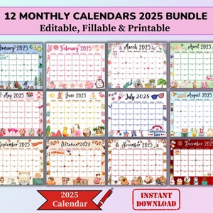 Bewerkbare invulbare maandkalender 2025 bundel van januari tot december, afdrukbare klasplanner voor kinderen, agenda digitale lerarenschool, pdf