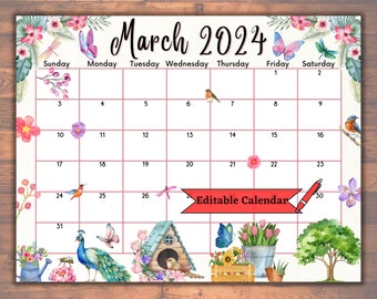 Editable March 2024 Calendar, Fillable, Printable, Joyful and Colorful Spring, Flowers, Butterflies, birds, watercolor Design, Kids Planner