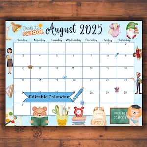 Editable Fillable August 2025 Calendar for Back to School, Monthly Teacher’s Planner, Printable, Kids & Family Schedule, Instant Download