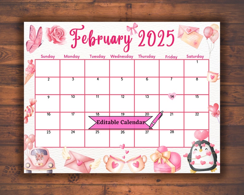 Editable Fillable February 2025 Calendar for Valentines Day, Digital