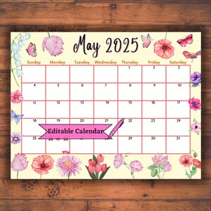 Editable Fillable May 2025 Calendar for Mother&#39;s Day with Cute Flowers, Printable Spring Planner for Kids, Easy to use Classroom agenda, PDF