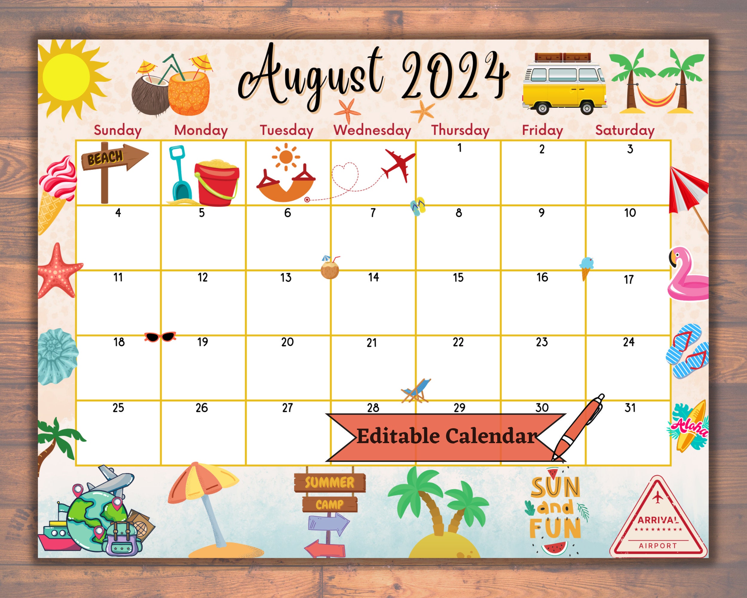 Editable Fillable August 2025 Calendar for Joyful Summer at the Beach