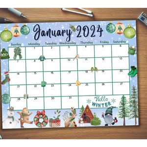 Editable January 2024 Calendar, Fillable, Colorful Ornaments, Cute Animals, Snowman, Winter, New Year 2024, Kids Planner, Digital Download image 2