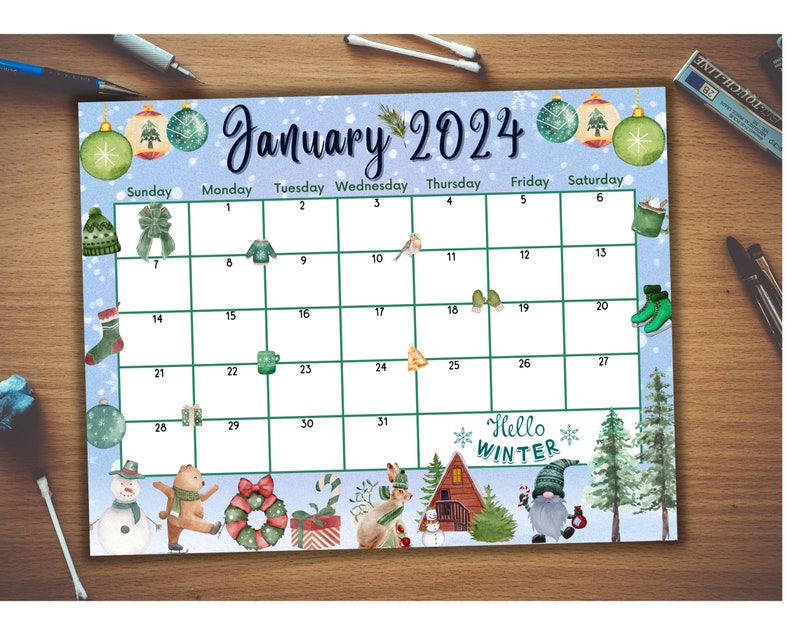 Editable January 2024 Calendar, Fillable, Colorful Ornaments, Cute Animals, Snowman, Winter, New Year 2024, Kids Planner, Digital Download image 2