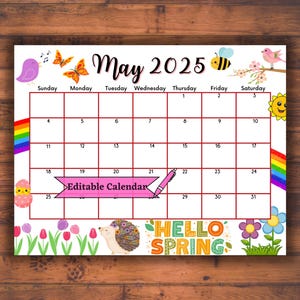 Editable Fillable May 2025 Calendar for Happy Spring with Colorful design, Printable Mother&#39;s Day Planner, Classroom Kid agenda, Digital PDF